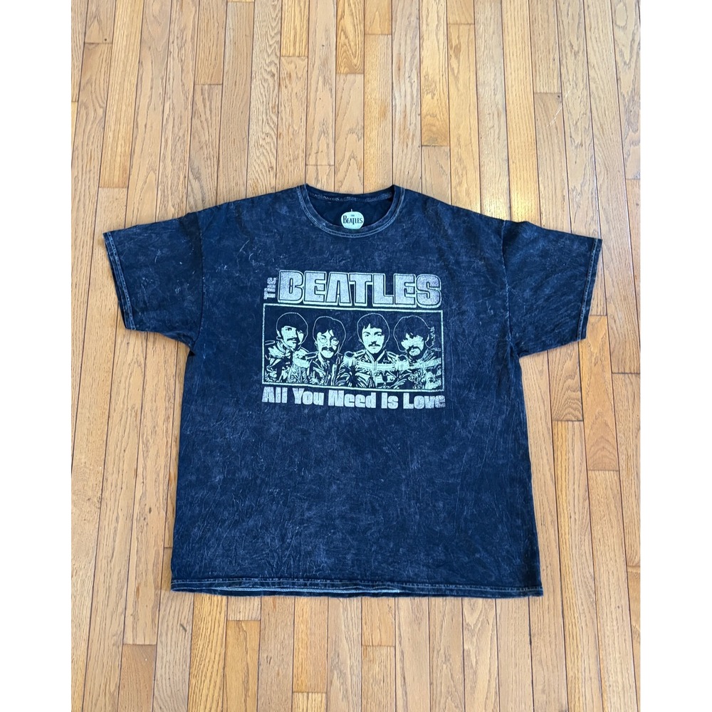 The Beatles All You Need Is Love Acid Wash Graphic T-Shirt Mens 2X Black Grunge